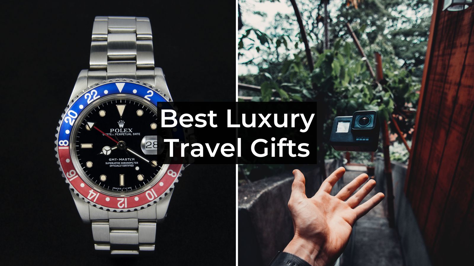 12 Of The Best Luxury Travel Gifts For Him with rolex and gopro being thrown in air