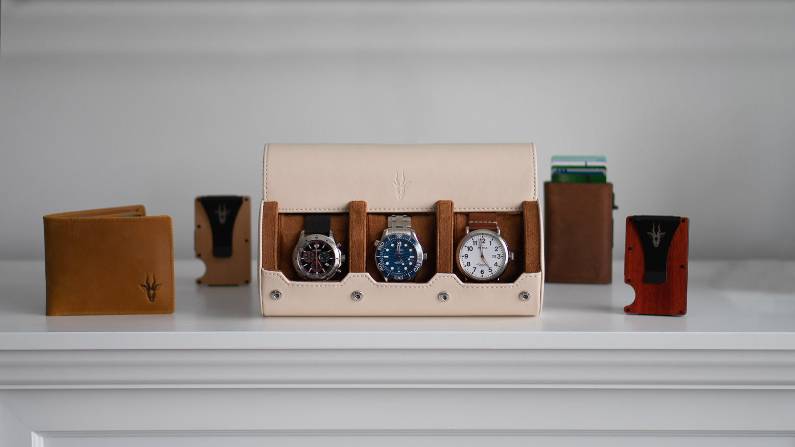 genuine_leather_travel_watch_case_with_classy_watches and modern minimal wallets from nuebo